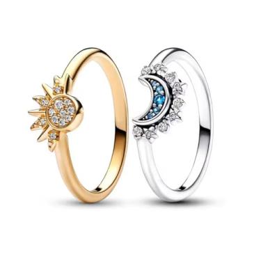 Imagem de Anéis minimalistas, design de sol e lua, detalhes de cristal azul, empilháveis e brilhantes - 2 peças, Metal, Sem pedra preciosa