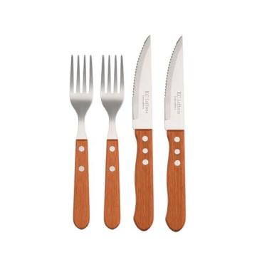 Imagem de Kit Talheres 4 Peças Garfo Faca Churrasco Inox Cabo Madeira - Marrom -
