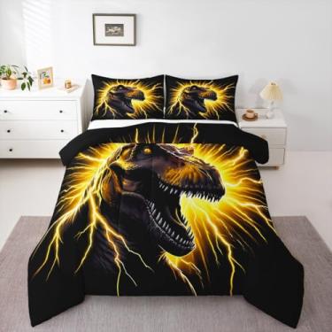 Imagem de Conjunto de edredom de dinossauro 3D, solteiro, para crianças, meninos, meninas, animais selvagens, respirável, macio, leve, microfibra, dourado, amarelo, preto, relâmpago, quarto, roupa de cama