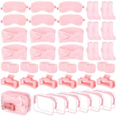 Imagem de Homaisson 6 conjuntos de artigos de festa do pijama, conjunto de spa com máscara de dormir de pelúcia, faixa de cabeça, clipe de cabelo, meias, bolsa para meninas, mulheres, presente de pijama de