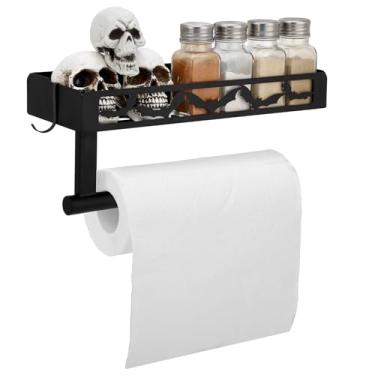 Imagem de Fiwochic Suporte de toalha de papel para morcego de Halloween, suporte de parede para cozinha, morcego, decoração de cozinha, autoadesivo, suporte de toalha de papel gótico com prateleira para