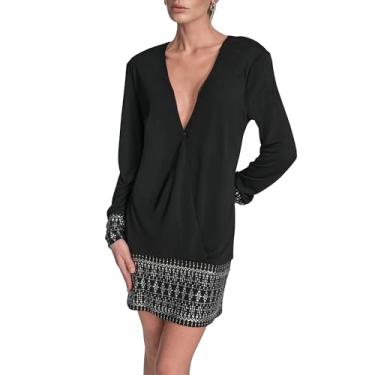 Imagem de BCBG Mini vestido feminino de manga comprida com decote em V elástico colado ao corpo, Preto, 42