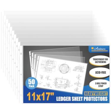 Imagem de Antner Protetores de lençol de 28 x 43 cm (pacote com 50) – Mangas de arquivo de plástico transparente resistente tamanho tablóide, 3 furos perfurados para fichários de 3 anéis, protetores de página