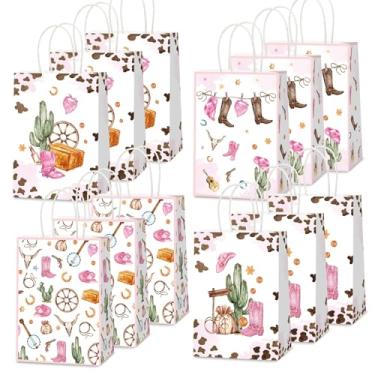 Imagem de Naozinebi 12 peças de lembrancinhas de festa de vaqueira, rosa, sacos de presente de festa ocidental, rodeio, rosa, de aniversário, sacos de presente de festa com estampa de vaca do oeste selvagem