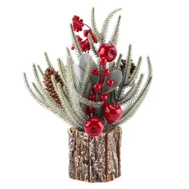 Imagem de Decoração de mesa de árvore de Natal pequena de 35 cm, centros de mesa artificiais com frutas vermelhas, maçãs, pinha, vegetação, eucalipto, base de madeira, mesa, decoração de férias de inverno para