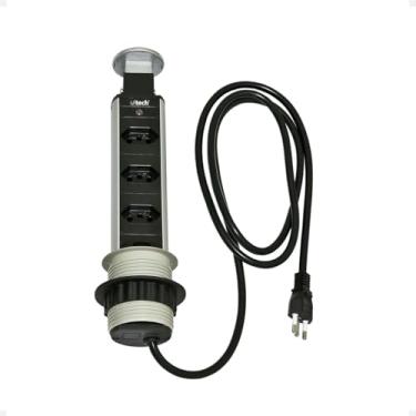 Imagem de Torre De Tomadas Multiplug Retrátil De Embutir Mesa Bancada Totem 3 Tomadas (Cinza e Preta)