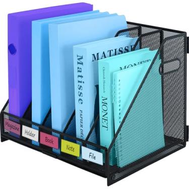 Imagem de TSDRBWO Suporte de arquivo de revista de malha de metal, 5 compartimentos verticais para documentos de mesa com alça, rack de armazenamento de arquivos de escritório para arrumar a mesa, organizador