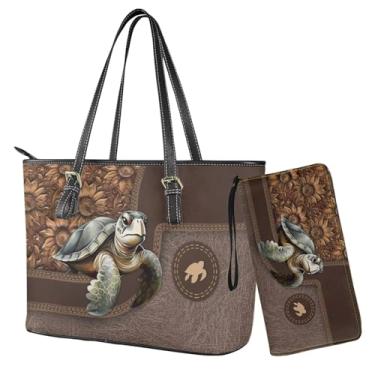 Imagem de Sannovo Conjunto de carteira e bolsa feminina Hobo Bolsa de Ombro com Bolsa Combinando Couro PU Alça Superior Bolsa, Girassol tartaruga marrom