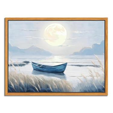 Imagem de Arte de parede em tela emoldurada flutuante, barco azul e pintura de paisagem de lago de lua cheia, impressão de pôster de natureza paisagem marítima tranquila, decoração de parede de cena de lago