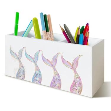 Imagem de YTRGI Porta-lápis de sereia pastel para mesa, presentes de sereia para meninas, mulheres, oceano costeiro, caixa de madeira, placa de bloco para casa, sala de aula, dormitório, escritório, decoração