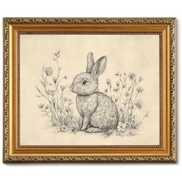 Imagem de Vodefoad Arte de parede em tela com moldura dourada vintage Sketch of a Rabbit 28 x 35 cm