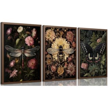 Imagem de 3 Pinturas de arte de parede vintage de insetos, imagens florais escuras para decoração de parede Dark Academy, libélula, borboleta, abelha, impressões, arte gótica, temperamental, para decoração de