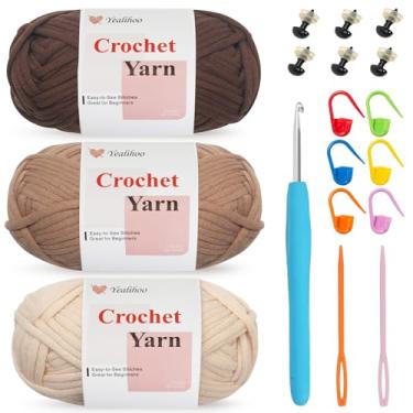 Imagem de Fio de crochê fácil para iniciantes, pacote com 3 fios para iniciantes de 51 g para crochê e tricô, grosso e macio, kit de crochê Amigurumi de coruja com tutoriais em vídeo, pontos fáceis de ver