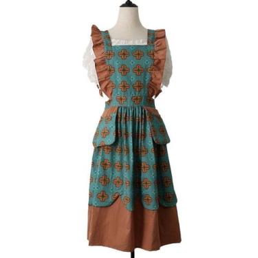 Imagem de Avental vintage de algodão floral com alças de babados para mulheres -