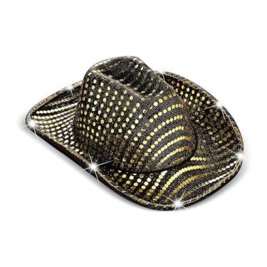 Imagem de Chapéu de cowboy preto com luzes LED e lantejoulas douradas para adult