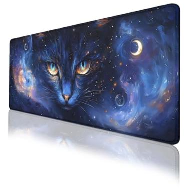 Imagem de Mouse pad para jogos de gato, gato cósmico galáxias giratórias estrelas brilhantes mousepad estendido bordas costuradas à prova d'água base de borracha antiderrapante tapete de teclado de computador