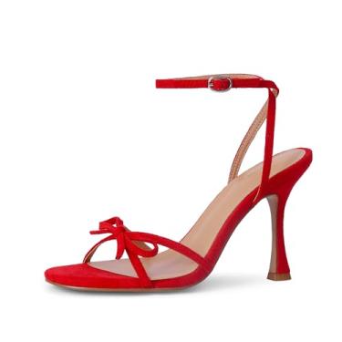 Imagem de iiimmu Sandálias femininas de salto agulha de 10 cm de salto agulha para mulheres, sandálias redondas de bico aberto, salto elegante de verão couro sintético macio/camurça sintética, Camurça vermelha