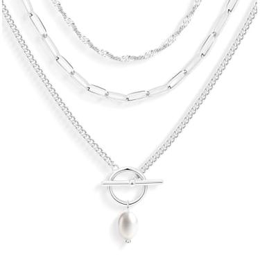 Imagem de Poxtex Colares de ouro em camadas para mulheres delicados banhados a ouro 14 K empilhado moderno círculo diamante pérola pingente gargantilha colar simples conjunto de joias corrente de clipe de papel