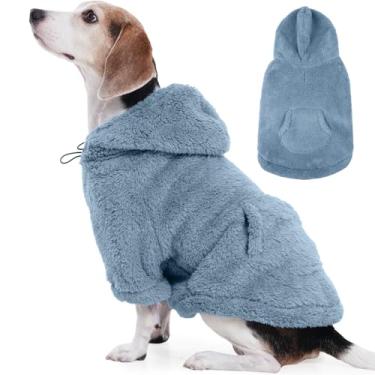 Imagem de IDOMIK Suéter Fuzzy Dog com capuz ajustável, suéter de lã quente para cachorro com orifício e bolso, pulôver para cães grandes, moletom com capuz felpudo para outono inverno e Natal, azul, GG