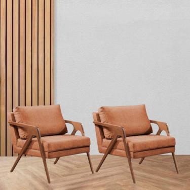 Imagem de Kit 2 Poltronas Decorativa Braço de Madeira Mona Linho Terracota