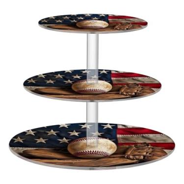 Imagem de Blueangle Suporte redondo de cupcake de 3 camadas – Torre de sobremesa de acrílico para taco de beisebol vintage, suporte de sobremesa em camadas antiderrapante para chá de bebê, aniversário, festa de