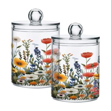 Imagem de ATTX Beautiful Wildflowers Dispensador de suporte Qtip para bola de algodão, cotonete, frasco de boticário transparente, decoração de casa, pote de armazenamento de cozinha, pacote com 2 (161)