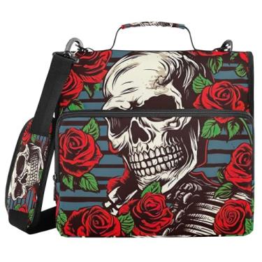 Imagem de SEHANY Fichário com zíper de caveira e flor com alça de ombro, capacidade para 500 folhas, vários bolsos, fichário com 3 anéis e zíper de 3 anéis