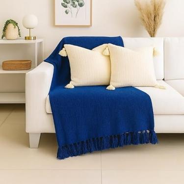 Imagem de Manta Capa para Sofá Gigante XGG 240x180 cm - 100% Algodão, Com Franjas, Proteção e Decoração Luxuosa para Sofá de Casal ou 3 Lugares (Azul)