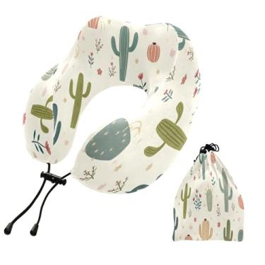 Imagem de CEBUGI Travesseiros de viagem portáteis em forma de U, travesseiro de pescoço de espuma viscoelástica com trava de corda ajustável para avião, viagem, trem, negócios, escritório, cochilo (cacto)