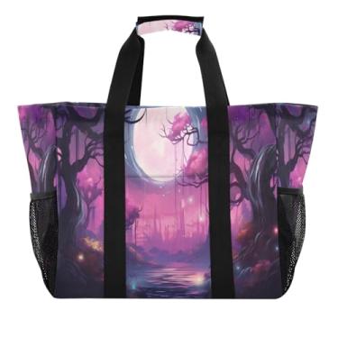 Imagem de Wassud Mystic Violet Forest Sacolas de mercearia reutilizáveis grande bolsa organizadora de lona impermeável para praia, piquenique, lavanderia, viagem