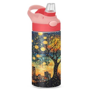 Imagem de CEBUGI Garrafa de água infantil árvore com estrelas à prova de vazamento com canudo garrafa de água isolada a vácuo de aço inoxidável para meninos e meninas