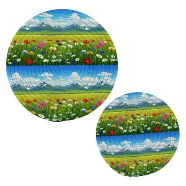Imagem de Wassud Conjunto de trivet flores silvestres céu azul tripé para pratos quentes suportes de panela redondos almofadas quentes de algodão porta-copos resistentes ao calor para decoração de cozinha