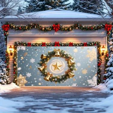 Imagem de Capa de porta de garagem de Natal 2,1 x 4,9 m sinos dourados ramos de pinheiro verde grinalda flocos de neve porta de garagem decorações de Natal banner para 2 carros, banners de Natal para festas ao