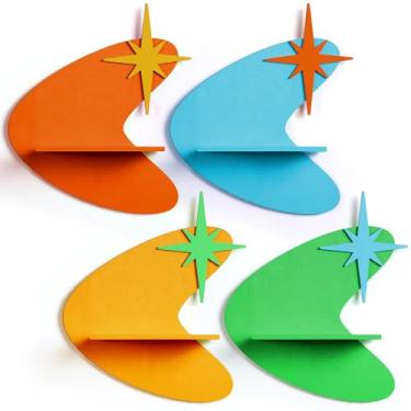 Imagem de Threehoney 4 peças de decoração de parede de meados do século de madeira retrô celestial em forma de estrela explosiva prateleiras de montagem de arte de parede para decoração de sinal de