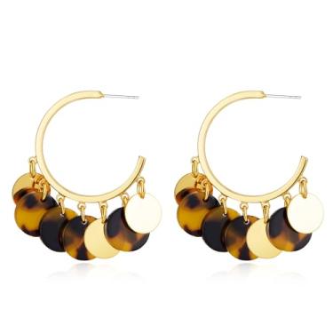 Imagem de Brincos de ouro para mulheres, concha de tartaruga, disco redondo e disco de ouro, brincos de argola pendurados, dois tons, marrom, boho, vintage, declaração, brincos de gota, joias modernas, presente
