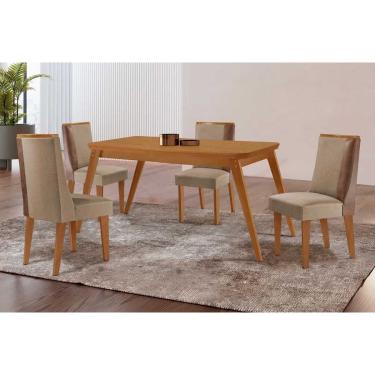 Imagem de Sala Jantar Mesa Havana Tampo Curvo 120cm+4 Cadeiras Tilia Madeira Naturale - Capuccino/Linho Bege - Rufato