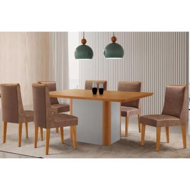 Imagem de Sala Jantar Mesa Pietá Tampo Curvo 180cm+6 Cadeiras Dakota Madeira Naturale/Off White - Capuccino/Corano Capuccino - Rufato