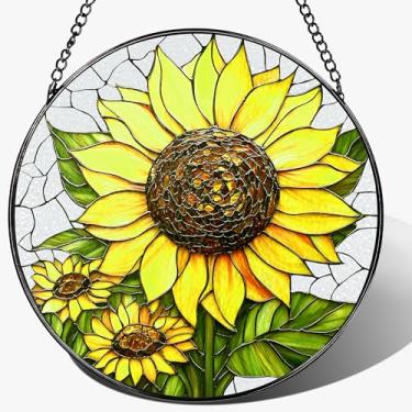 Imagem de Enfeite de vitral de 20 cm, pendurado em vitral, enfeite de girassol, decoração para pendurar na janela | Dia das Mães, Natal, aniversário, presentes para amantes de plantas de girassol