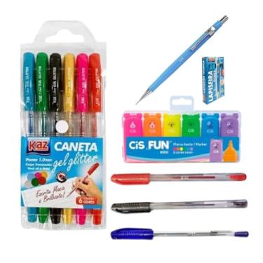 Imagem de Kit Material Escolar Canetas Gel Marca Texto Neon Cis Fundamental Médio Curso Colegial Faculdade