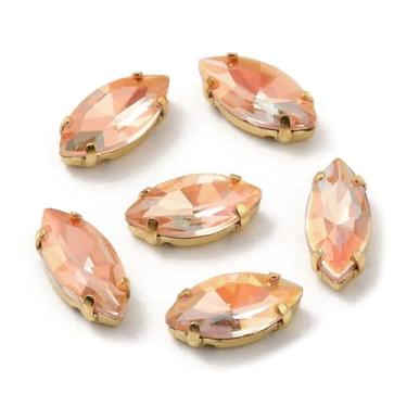 Imagem de 10 peças de cabochão de strass de vidro, rosa claro em forma de olho de cavalo de vidro costurado em strass com configurações de garras de latão tom dourado, acessórios de vestuário para vestidos