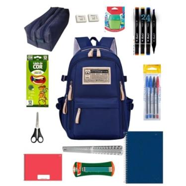 Imagem de Kit Material Escolar Azul Completo Ensino Fundamental Médio Mochila 5 Divisórias Cadernos Estojo Duplo Canetinhas Touch Lápis De Cor Borrachas Canetas