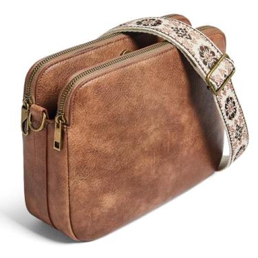 Imagem de Yarnic Bolsa transversal feminina moderna de couro sintético com alça ajustável e zíper antirroubo, Marrom