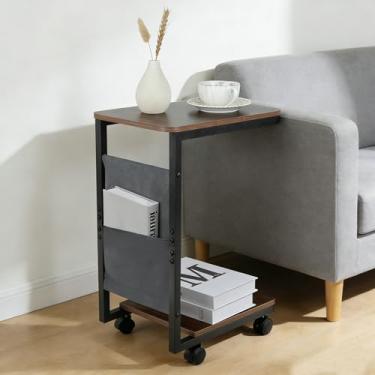 Imagem de comfoyar Mesa lateral em forma de C, mesa de cabeceira de madeira com rodas para poltrona reclinável de sofá, mesa de café, bandejas de TV com bolsa de armazenamento para espaços pequenos, sala de