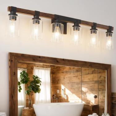 Imagem de Floresita Luminária De Banheiro Com 6 Luzes De 40 Pol. E Cúpula De Vidro, Luminária De Estilo Fazenda Para Banheiro, Luminária Sobre Espelho, Marrom Rústico