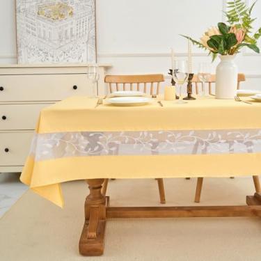 Imagem de youngseahome Toalha de mesa de tecido resistente com borda de renda bordada requintada - à prova d'água/resistente a vincos - para jantar, interior e exterior, casamento, férias, amarelo, retangular