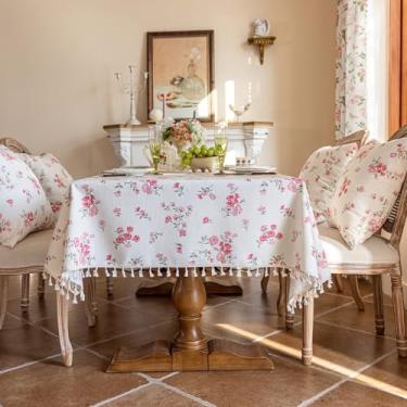 Imagem de VClife Toalha de mesa com estampa branca e rosa, toalha de mesa de textura de linho para mesas retangulares, capa de mesa de folhas de flores vintage chique gasto para 10 a 12 lugares, protetor de