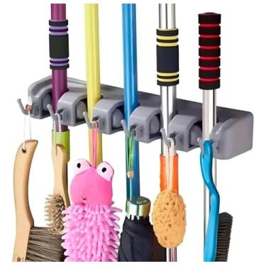 Imagem de Suporte Organizador Multiuso Forte p/Parede 5 Espaços e Ganchos p Vassoura Rodo