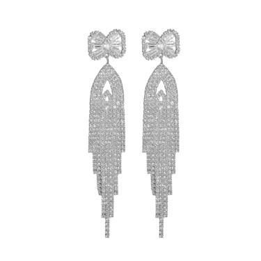 Imagem de Brincos de laço para mulheres lustre com borla – strass brilhante e detalhes de cristal com laço prateado, pingente leve para noiva (DTE1516286S), Medium, Cobre, Zircônia cúbica