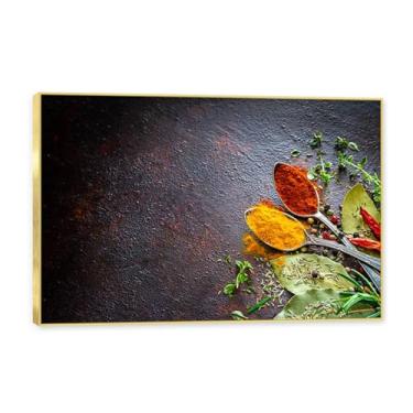 Imagem de Moldura dourada. Arte de parede em tela de especiarias coloridas e colher de tempero | Decoração de cozinha vintage | Arte moderna para casa e sala de jantar. C24. 60 x 90 cm - 23,7 x 35,5 pol