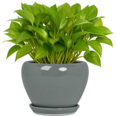 Imagem de Deep Dream Vasos de plantas de 15 cm - Vaso de cerâmica com orifício de drenagem e pires, vaso de flores redondo para suculentas internas e externas, plantas de cobra e cacto, cinza